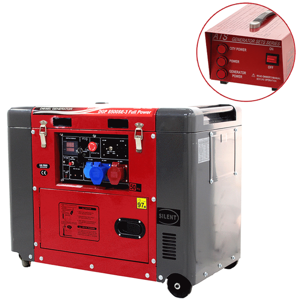GeoTech Pro DGP8500SE-3 - Generador de corriente diésel silencioso con ruedas y AVR 6.0 kW - Continua 5.5 kw Full-Power + ATS trifásico