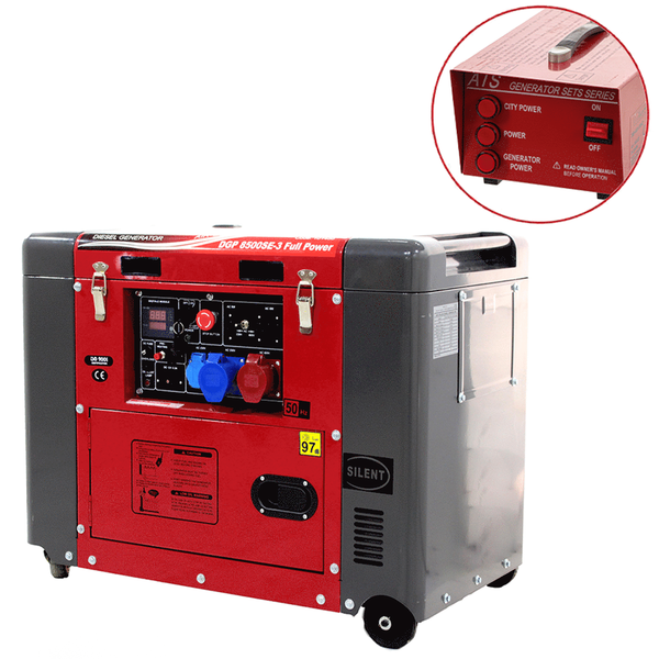 GeoTech-Pro DGP8500SE-3 - Generador de corriente silencioso con ruedas y AVR 6 kW - Continua 5.5 kW Full-Power + ATS monofásico