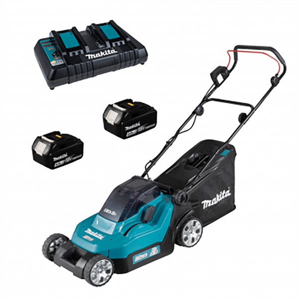 Makita DLM432PT2 - Cortacésped eléctrico de batería 2 X 5 Ah de litio - saco de recogida, 43 cm