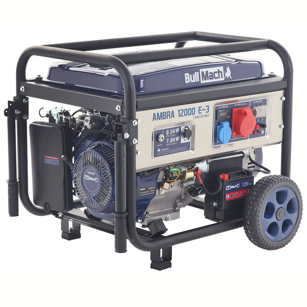 BullMach AMBRA 12000 E-3 - Generador de corriente a gasolina con ruedas y AVR 8.5 kW - Continua 7.8 kW Trifásica