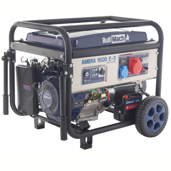 BullMach AMBRA 9500 E-3 - Generador de corriente a gasolina con ruedas y AVR 7.5 kW - Continua 7 kW Trifásica