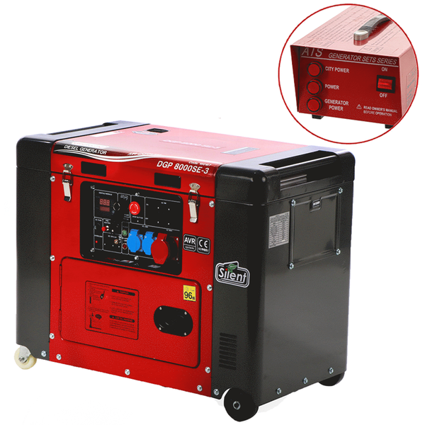 GeoTech-Pro DGP8000SE-3 - Generador de corriente diésel silencioso con ruedas y AVR 6 kW - Continua 5.5 kW Trifásica + ATS