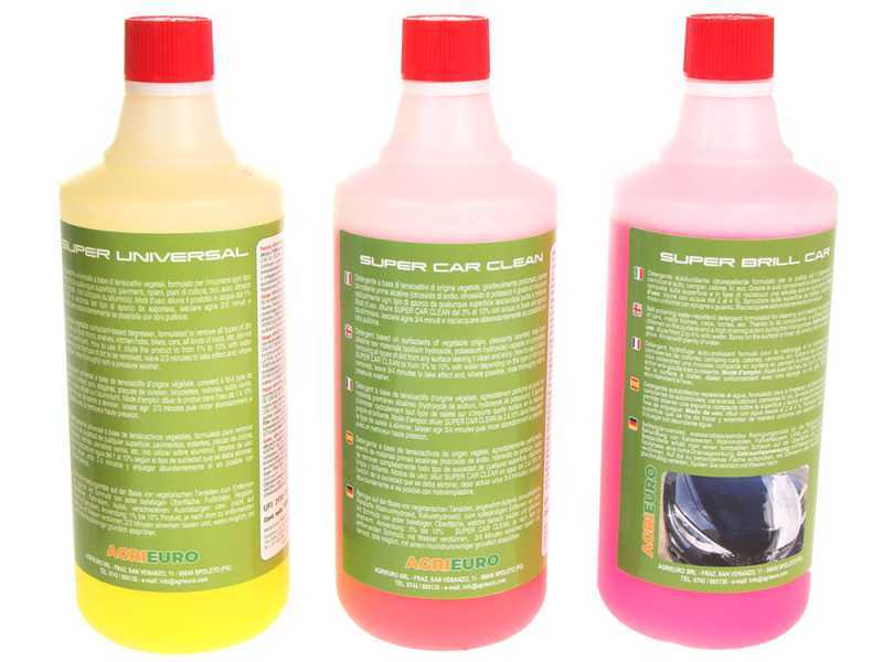 Juego 3 detergentes profesionales para hidrolimpiadoras para la limpieza de coches y afines, 3 frascos de 1 l