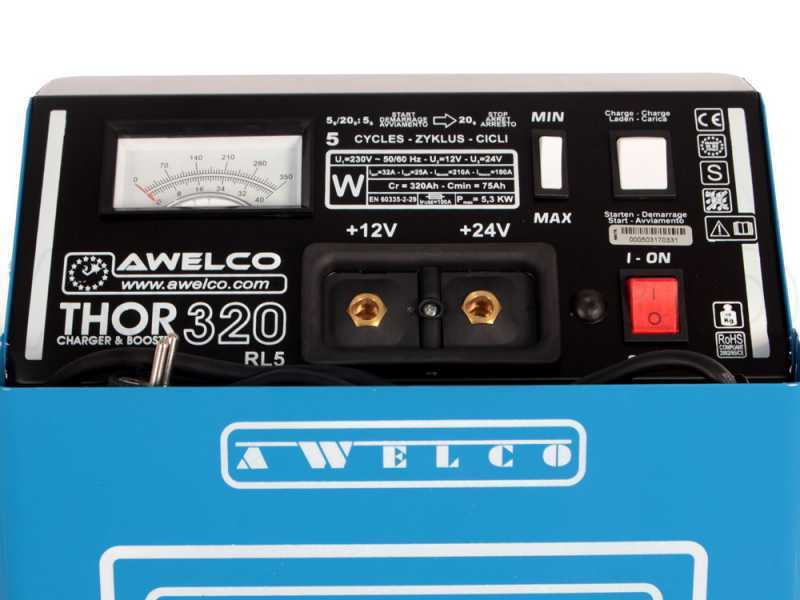 Cargador de bater&iacute;as arrancador Awelco THOR 320 Booster con ruedas, monof&aacute;sico, bater&iacute;a 24-12V