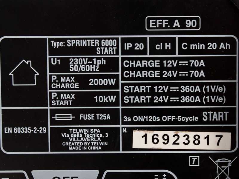 Telwin Sprinter 6000 Start - Cargador de bater&iacute;a para coche y arrancador - bater&iacute;a12/24V, 20 a 1550 Ah