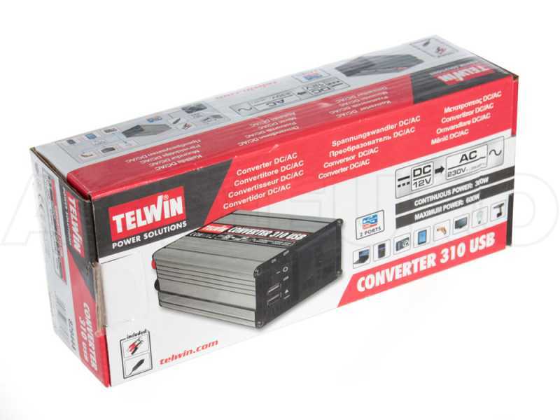 Telwin Converter 310 - Transformador inverter USB de corriente de 12V DC a 230V AC - 2 puertos USB