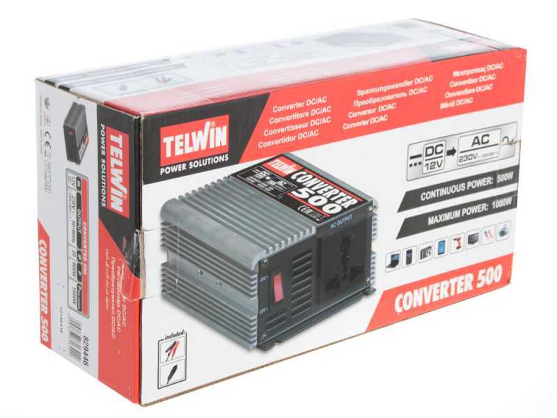 Telwin Converter 500 -Transformador de corriente inverter da 12V DC a 230V AC - potencia 500 W