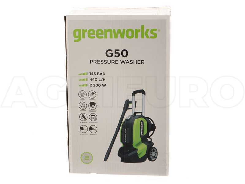 Hidrolimpiadora Greenworks G50, de peque&ntilde;as dimensiones, 145 bar m&aacute;x - 2200W, enrollador