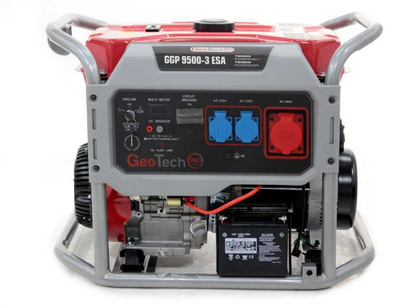 GeoTech Pro GGP 9500-3 ESA - Generador de corriente con ruedas y AVR arranque el&eacute;ctrico. 7.8 kW - Continua 7.5 kW Full-Power