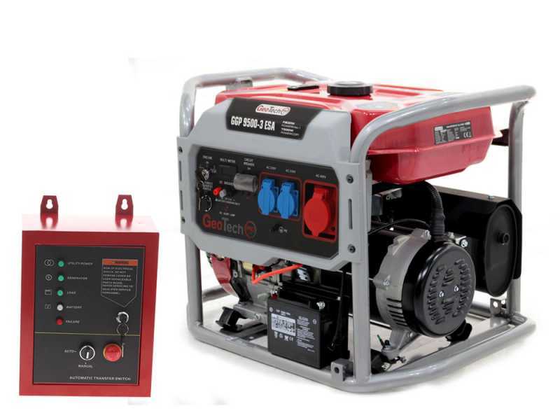 GeoTech Pro GGP 9500-3 ESA - Generador de corriente con ruedas y AVR arranque el&eacute;ctrico 7.8 kW - Continua 7.5 kW Full-Power + ATS