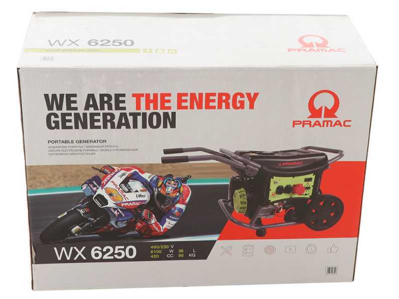 Pramac WX 6250 ES - Generador de corriente con ruedas y AVR 6.1 kW - Continua 5.5 kW Trif&aacute;sica