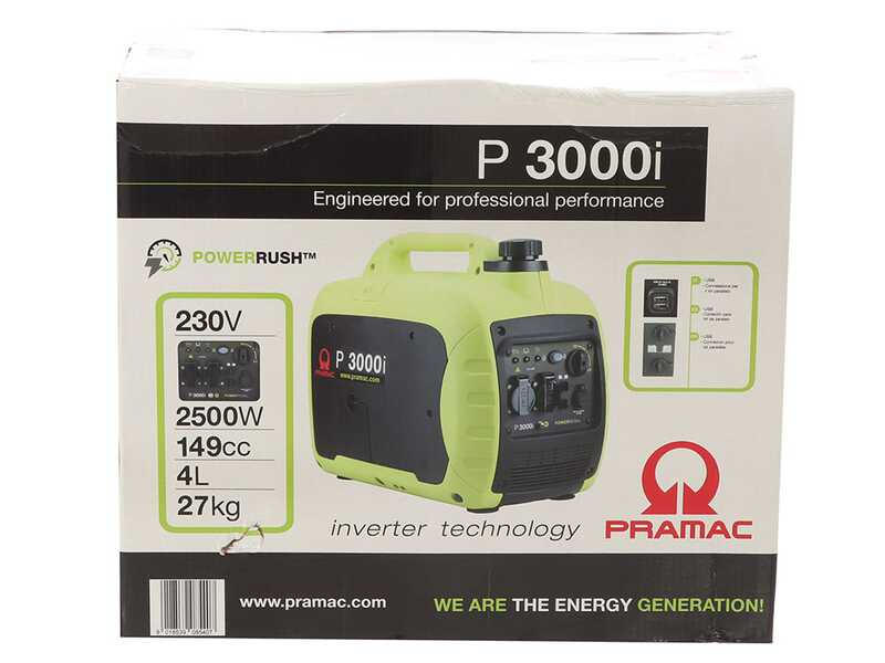 Pramac P3000I - Generador de corriente inverter a gasolina silencioso 2.6 kW - Continua 2.3 kW Monofásica