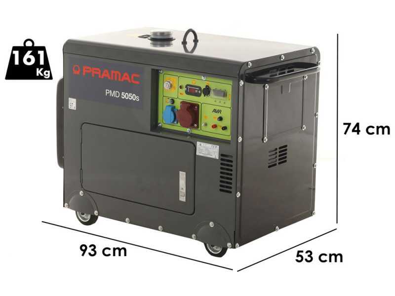 Pramac PMD5050s - Generador de corriente con ruedas di&eacute;sel silencioso con AVR 3,6 kW - Continua 3.6 kW Trif&aacute;sica