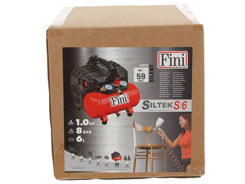 Fini Siltek S/6 - Compresor de aire el&eacute;ctrico port&aacute;til monof&aacute;sico silencioso, sin aceite - Motor 1 HP - 6 L
