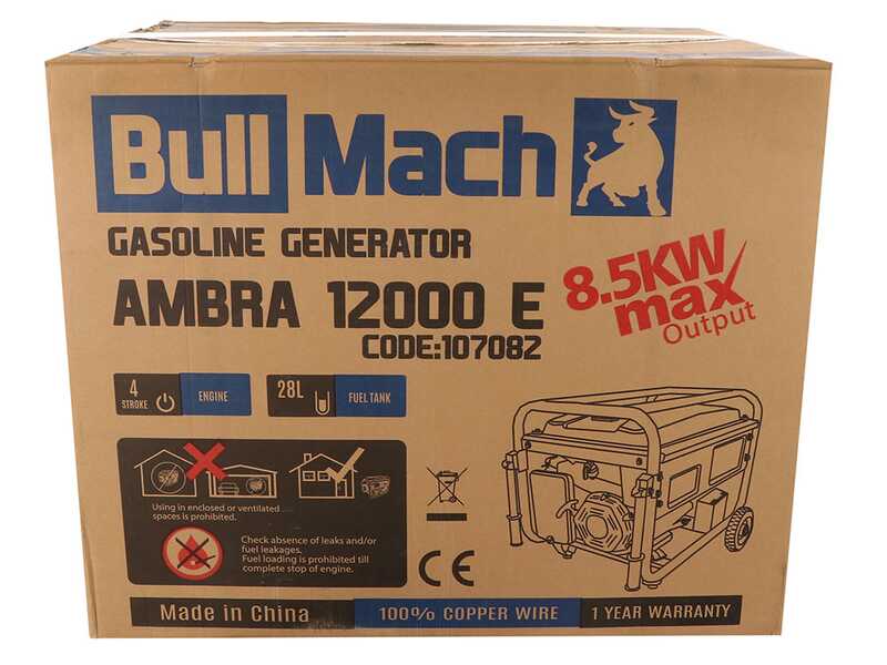 BullMach AMBRA 12000 E - Generador de corriente a gasolina con ruedas y AVR 8.5 kW - Continua 7.8 kW Monof&aacute;sica