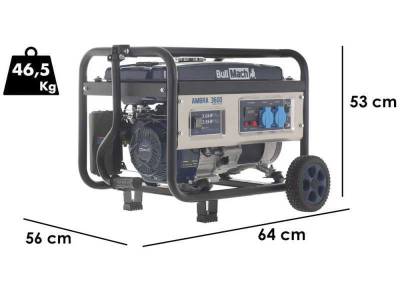 BullMach AMBRA 3600- Generador de corriente a gasolina con ruedas y AVR 3 kW - Continua 2.8 kW Monof&aacute;sica