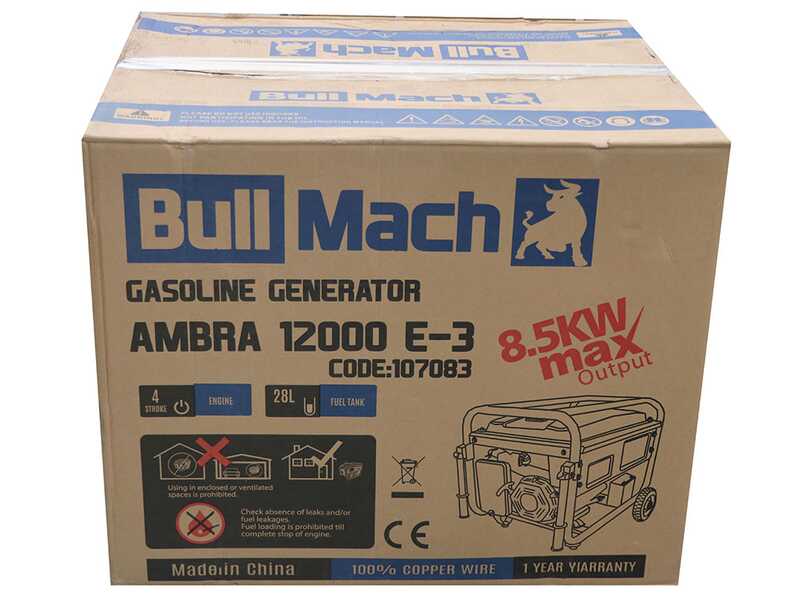 BullMach AMBRA 12000 E-3 - Generador de corriente a gasolina con ruedas y AVR 8.5 kW - Continua 7.8 kW Trif&aacute;sica
