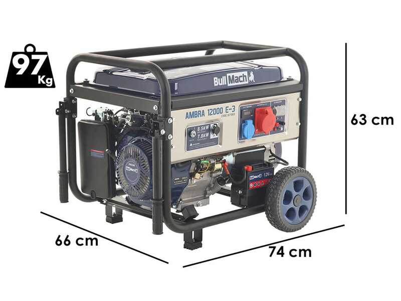 BullMach AMBRA 12000 E-3 - Generador de corriente a gasolina con ruedas y AVR 8.5 kW - Continua 7.8 kW Trif&aacute;sica