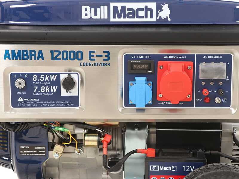 BullMach AMBRA 12000 E-3 - Generador de corriente a gasolina con ruedas y AVR 8.5 kW - Continua 7.8 kW Trif&aacute;sica