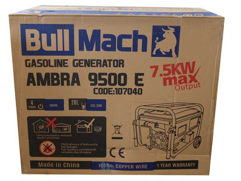 BullMach AMBRA 9500 E - Generador de corriente a gasolina con ruedas y AVR 7.5 kW - Continua 7 kW Monof&aacute;sica