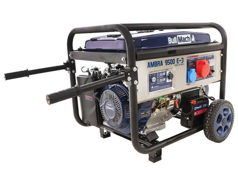 BullMach AMBRA 9500 E-3 - Generador de corriente a gasolina con ruedas y AVR 7.5 kW - Continua 7 kW Trif&aacute;sica