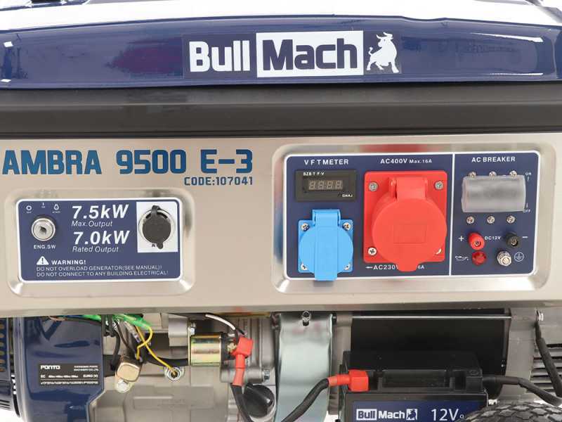 BullMach AMBRA 9500 E-3 - Generador de corriente a gasolina con ruedas y AVR 7.5 kW - Continua 7 kW Trif&aacute;sica