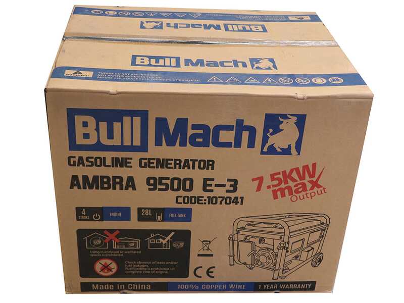 BullMach AMBRA 9500 E-3 - Generador de corriente a gasolina con ruedas y AVR 7.5 kW - Continua 7 kW Trif&aacute;sica