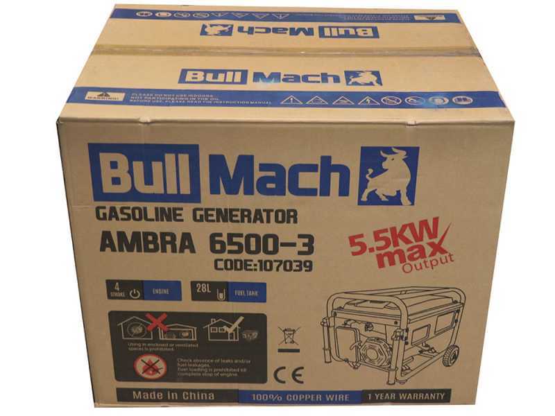 BullMach AMBRA 6500-3 - Generador de corriente a gasolina con ruedas y AVR 5.5 kW - Continua 5 kW Trif&aacute;sica