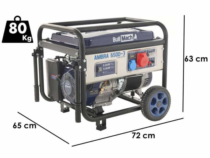 BullMach AMBRA 6500-3 - Generador de corriente a gasolina con ruedas y AVR 5.5 kW - Continua 5 kW Trif&aacute;sica