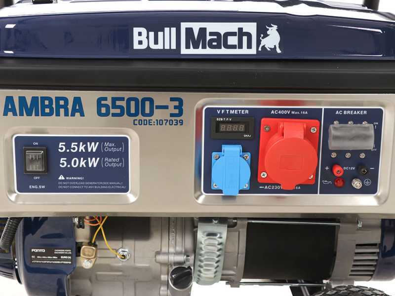 BullMach AMBRA 6500-3 - Generador de corriente a gasolina con ruedas y AVR 5.5 kW - Continua 5 kW Trif&aacute;sica