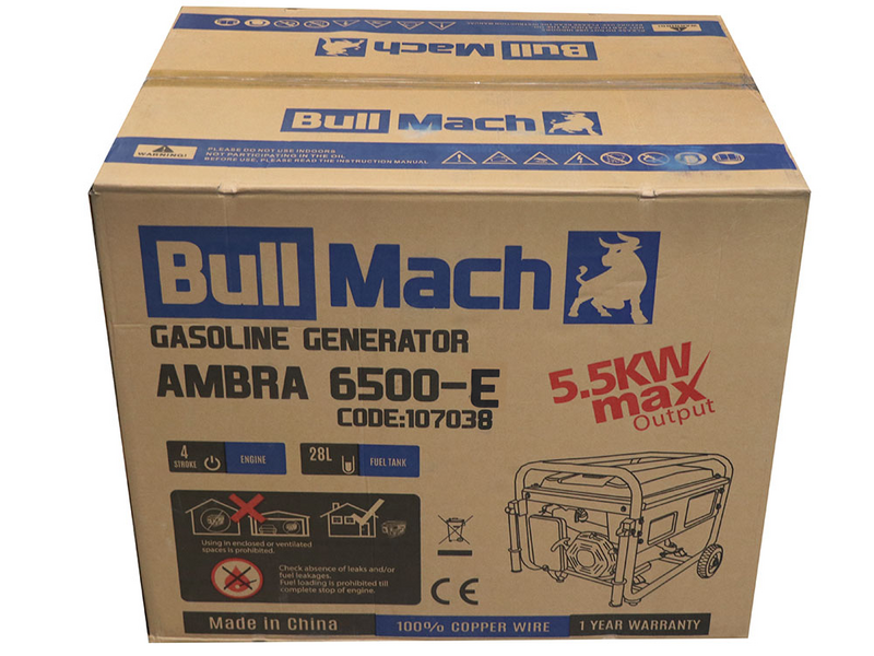 BullMach AMBRA 6500 E - Generador de corriente a gasolina con ruedas y AVR 5.5 kW - Continua 5 kW Monof&aacute;sica