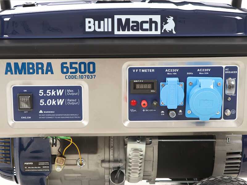 BullMach AMBRA 6500 - Generador de corriente a gasolina con ruedas y AVR 5.5 kW - Continua 5 kW Monof&aacute;sica