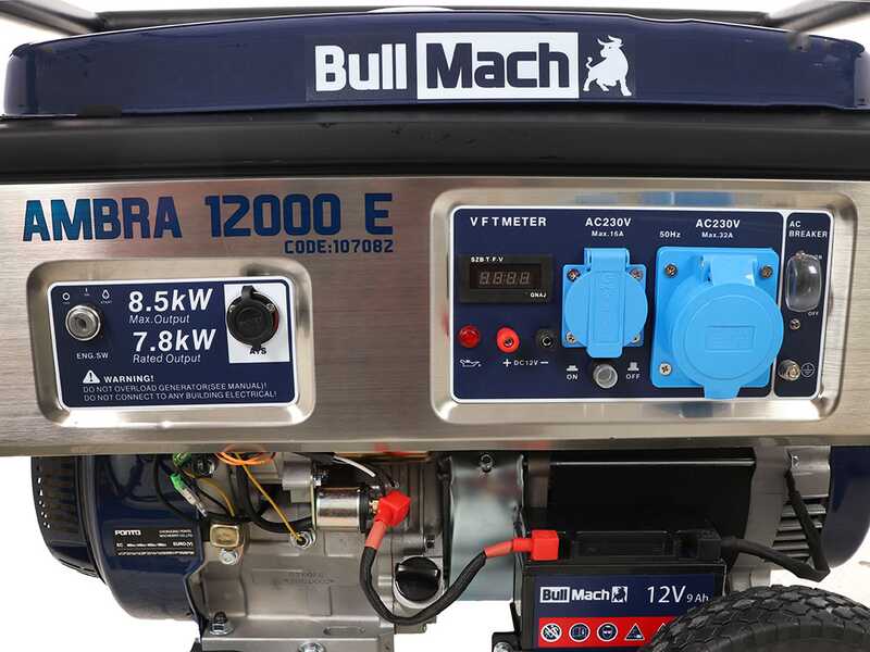 BullMach AMBRA 12000 E - Generador de corriente a gasolina con ruedas y AVR 8.5 Kw monof&aacute;sica - Cuadro ATS incluido