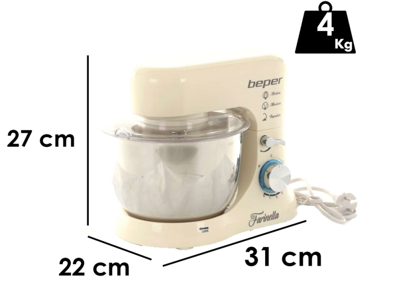 BEPER- Amasadora planetaria - Cuba de 4,5L de acero inoxidable- 3 enganches inclu&iacute;dos- 1000W