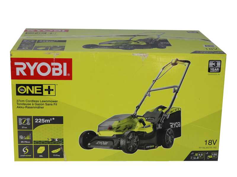 Cortac&eacute;sped el&eacute;ctrico de bater&iacute;a RYOBI RY18LM37A-140 - 18V - 4Ah - saco de 45 l - corte de 37 cm