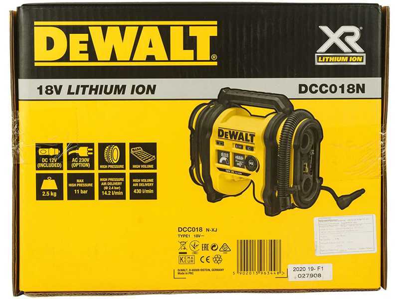 DeWalt DCC018N-XJ - Compresor de aire el&eacute;ctrico port&aacute;til monof&aacute;sico, sin aceite - BATER&Iacute;A Y CARGADOR NO EST&Aacute;N INCLUIDOS