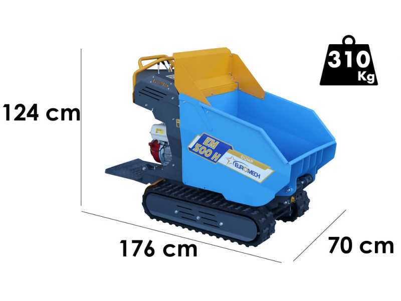 Carretilla de orugas con motor EuroMech EM500H-Dump - Caja dumper hidr&aacute;ulica de 500 kg
