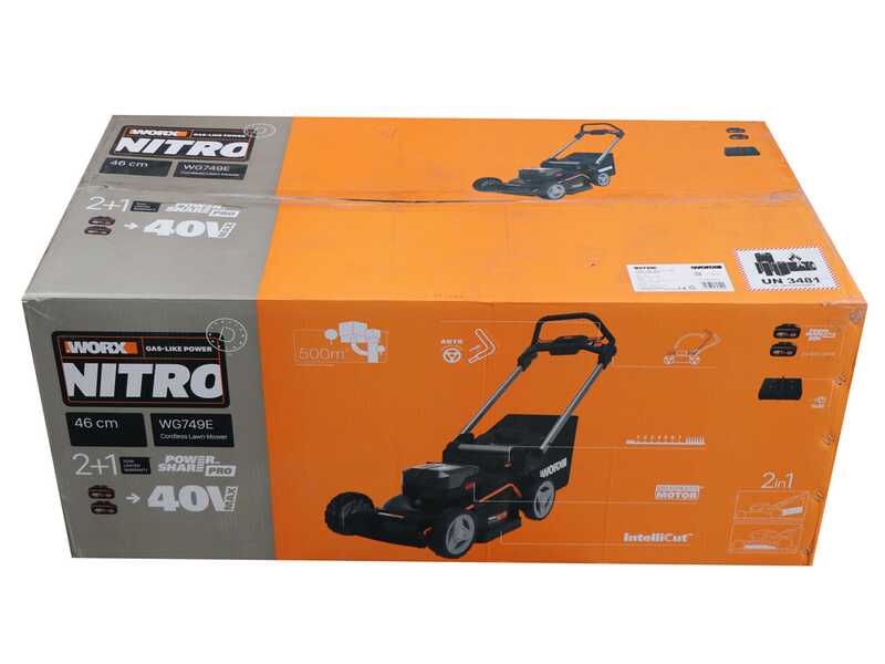 Worx Nitro WG749E - Cortac&eacute;sped autopropulsado de bater&iacute;a 2x20V/4Ah + gratis: 2x20V/4Ah - Corte de 46 cm