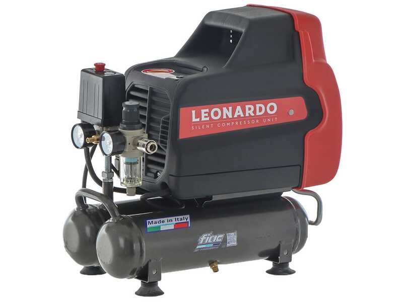 FIAC Leonardo - Compresor de aire el&eacute;ctrico port&aacute;til monof&aacute;sico silencioso, sin aceite - Motor 1 HP - 6 L