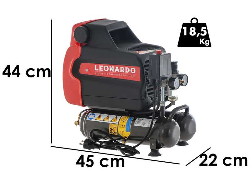 FIAC Leonardo - Compresor de aire el&eacute;ctrico port&aacute;til monof&aacute;sico silencioso, sin aceite - Motor 1 HP - 6 L