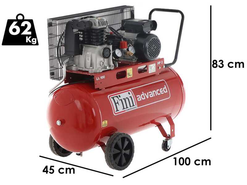 Fini Advanced MK 102-100-2M - Compresor de aire el&eacute;ctrico monof&aacute;sico de correa - Motor 2 HP - 100 L