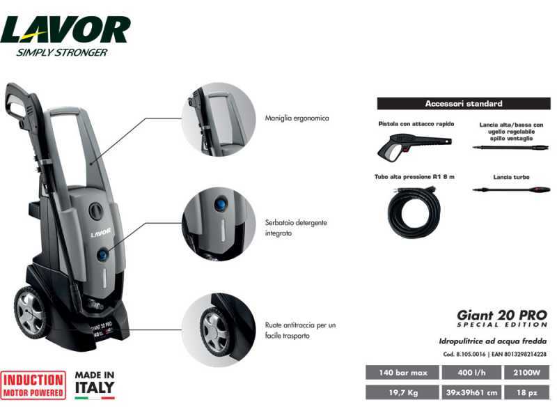 LAVOR GIANT 20 PRO - Hidrolimpiadora de agua fr&iacute;a - 100 bar - 400 l/h