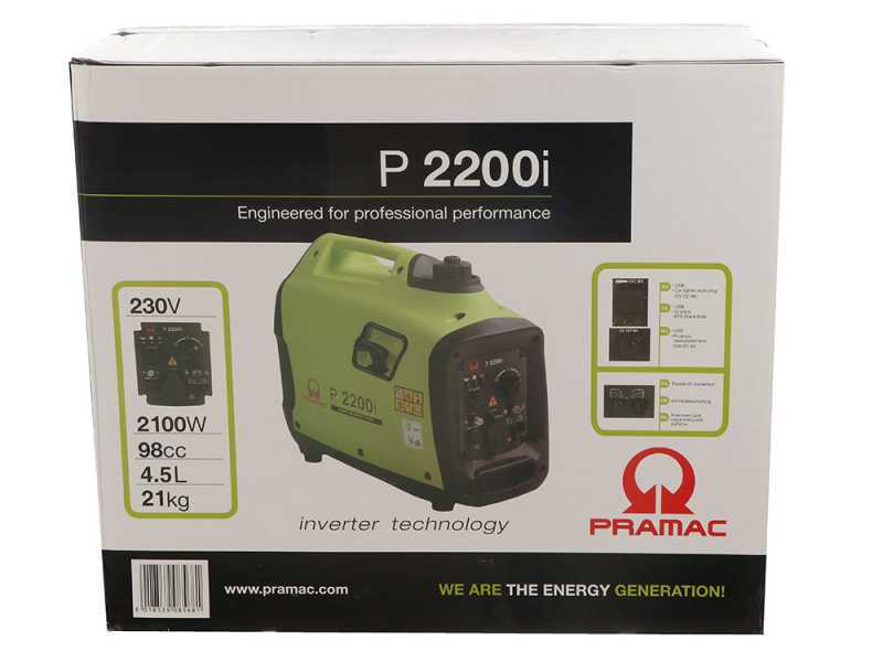 Pramac P2200i - Generador el&eacute;ctrico inverter silencioso 2.1 kW - Continua 1.9 kW Monof&aacute;sico