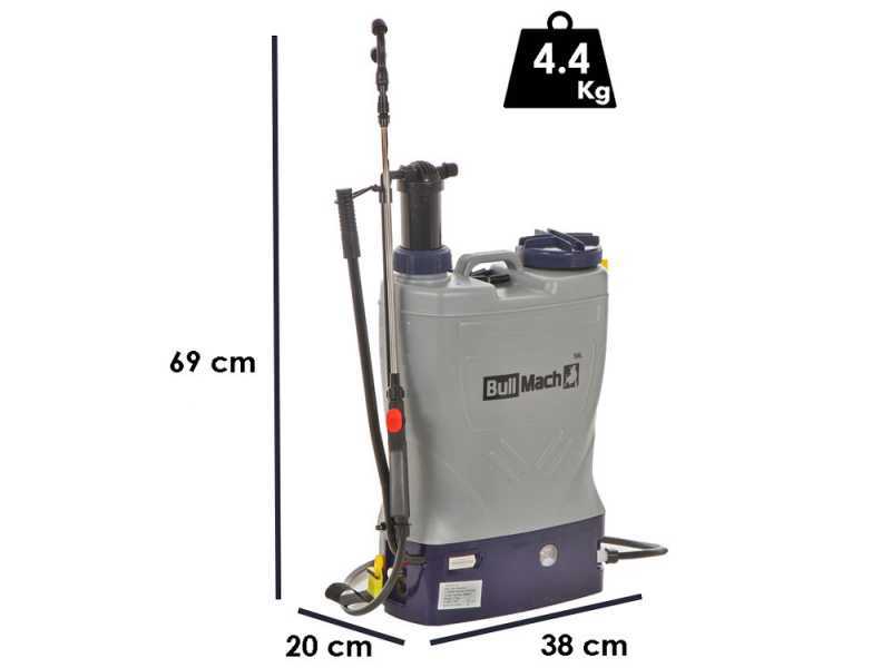 BullMach Pandora 16EM LA - Pulverizador de mochila el&eacute;ctrico de bater&iacute;a y manual - 12V 8Ah