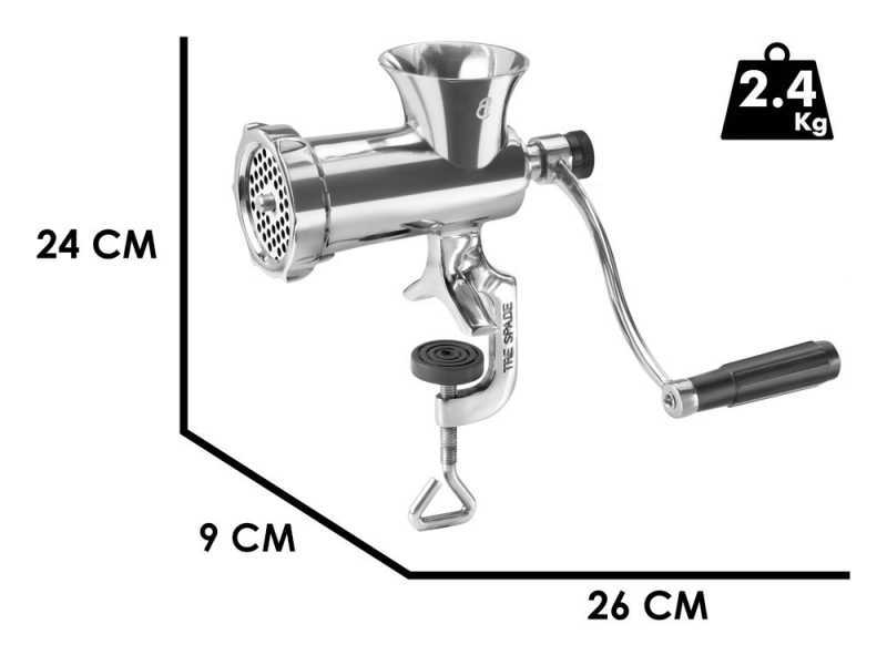 Tre Spade TC-8/3 USI INOX - Picadora de carne manual - N.8 + Kit accesorios