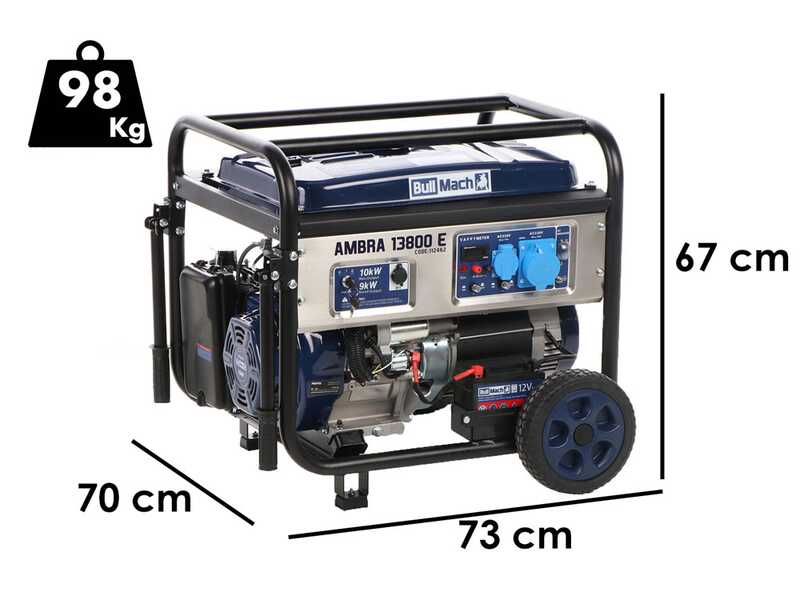 BullMach AMBRA 13800 E - Generador el&eacute;ctrico de gasolina con carro y AVR 10 kW - Continua 9 kW Monof&aacute;sico