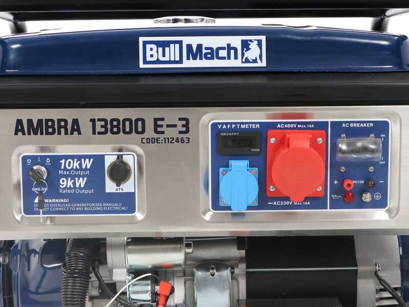 BullMach AMBRA 13800 E-3 - Generador el&eacute;ctrico de gasolina con ruedas y AVR 10 kW - Continua 9 kW Trif&aacute;sico + ATS