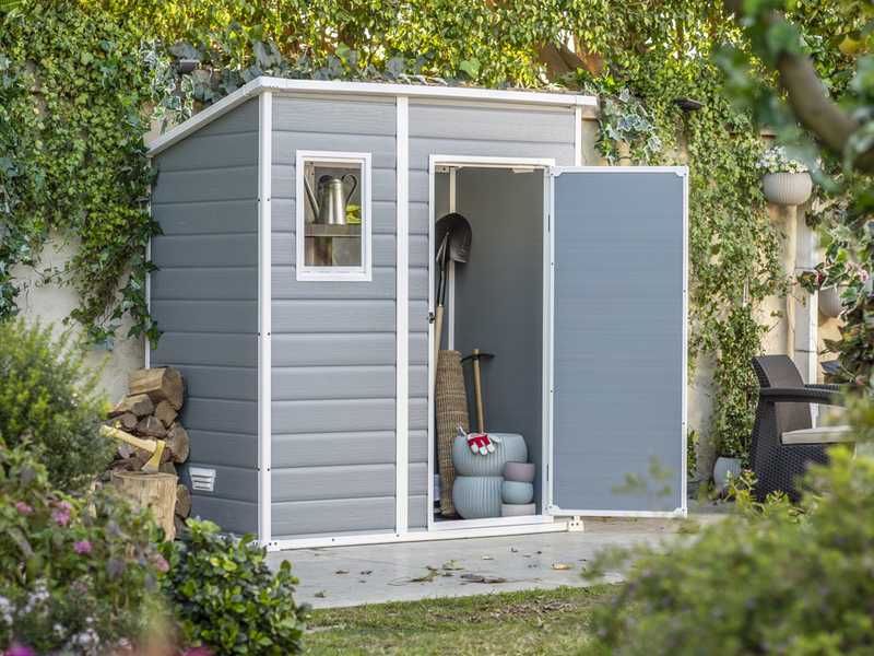 Keter Manor Pent gris - Caseta de jard&iacute;n - Con ventana delantera - 183.5x111x200.5 cm