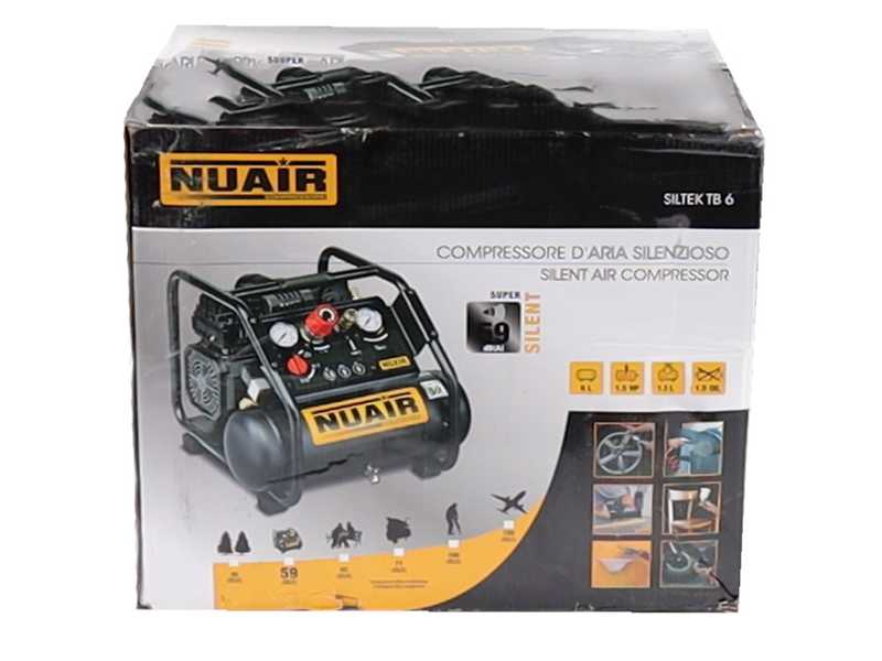 Nuair Siltek TB 6 - Compresor de aire el&eacute;ctrico port&aacute;til monof&aacute;sico silencioso, sin aceite - Motor 1.5 HP - 6 L