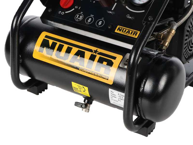 Nuair Siltek TB 6 - Compresor de aire el&eacute;ctrico port&aacute;til monof&aacute;sico silencioso, sin aceite - Motor 1.5 HP - 6 L